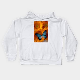 Big Blue Butterfly On Sunflowers Kids Hoodie